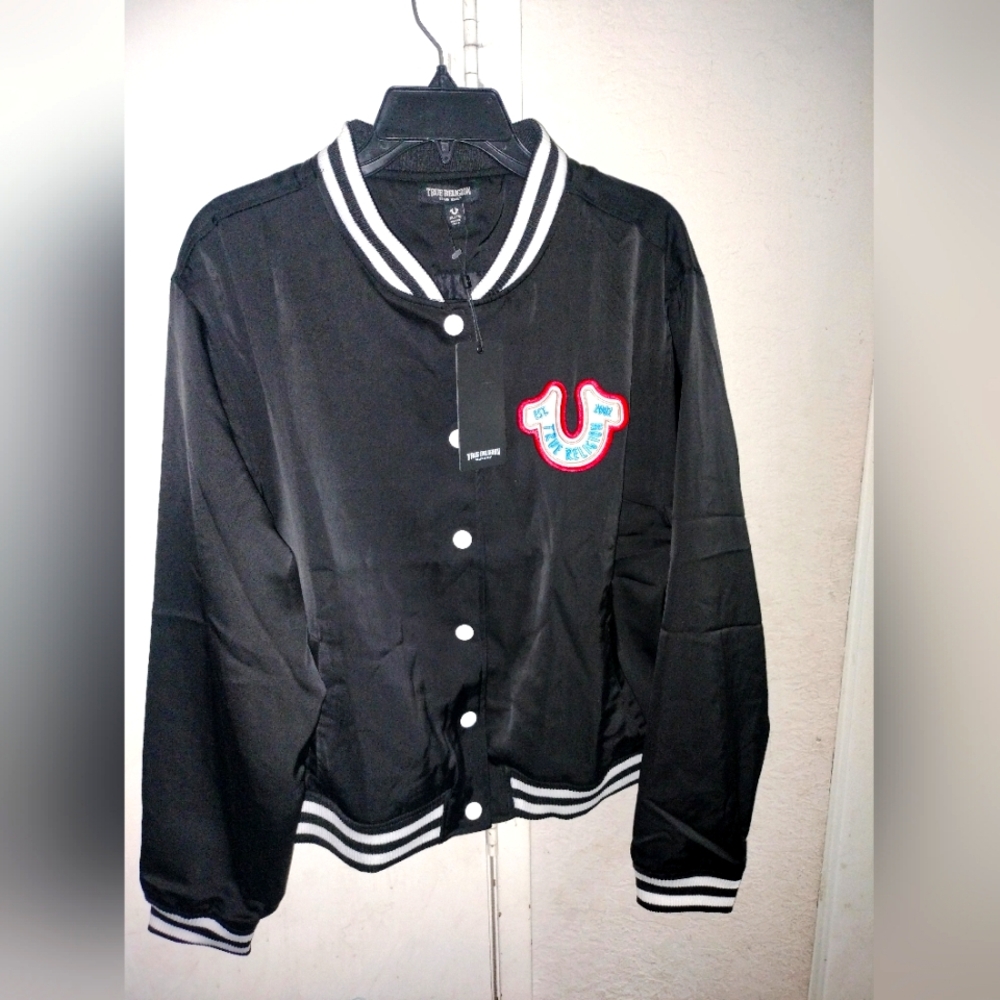 True Religion Black Varsity Jacket with Striped Ribbing